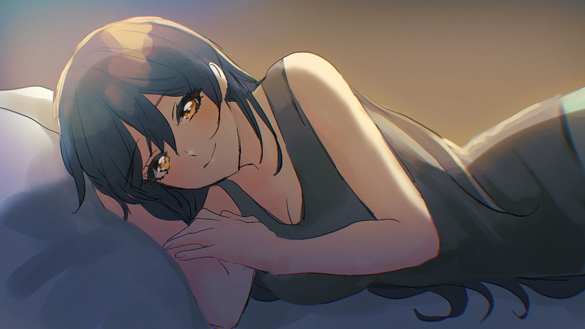 1girl bare_shoulders bed_sheet black_dress black_hair blush breasts cleavage closed_mouth dress from_side hair_between_eyes hand_on_own_arm highres idolmaster idolmaster_shiny_colors indoors large_breasts long_hair looking_at_viewer lying on_bed on_side paddy_field pillow shirase_sakuya sleeveless sleeveless_dress smile solo yellow_eyes