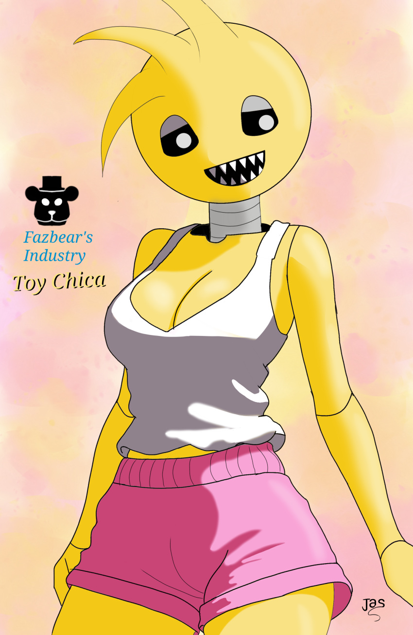 absurd_res animal_humanoid animatronic anthro anuvisur_(artist) avian big_breasts bird bottomwear breasts chicken clothed clothing digital_media_(artwork) english_text female fingers five_nights_at_freddy's five_nights_at_freddy's_2 galliform gallus_(genus) hair happy hi_res humanoid looking_at_viewer machine mammal open_mouth phasianid robot scottgames sharp_teeth shirt shorts simple_background smile solo t-shirt teeth text thick_thighs topwear toy_chica_(fnaf) yellow_body