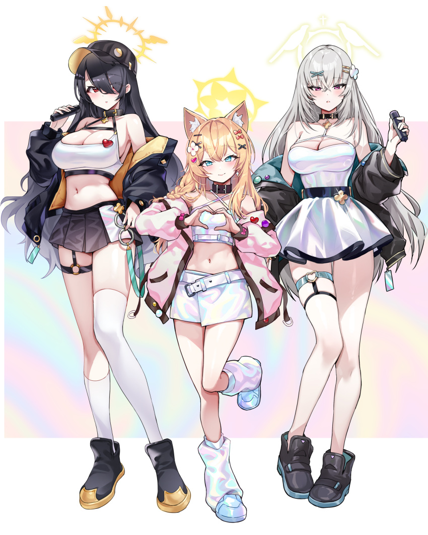 3girls absurdres animal_ear_fluff animal_ears black_choker blue_archive blue_eyes blue_footwear choker closed_mouth full_body hair_between_eyes halo highres hinata_(blue_archive) jacket long_hair long_sleeves looking_at_viewer loose_socks mari_(blue_archive) multiple_girls navel open_clothes open_jacket orange_hair picter pink_jacket puffy_long_sleeves puffy_sleeves sakurako_(blue_archive) shoes skirt smile socks white_skirt white_socks yellow_halo zoom_layer