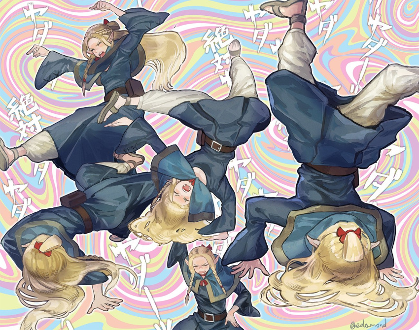 1girl balancing belt belt_buckle black_belt blonde_hair blue_capelet blue_dress blue_robe blush bow braid breakdance buckle capelet choker closed_eyes dancing dress dungeon_meshi edo_mond_(edoedoedomond) elf hair_around_ear hair_bow half_updo handstand hood hooded_capelet long_hair long_sleeves marcille_donato one_arm_handstand outstretched_arms pointy_ears red_bow robe sandals short_hair short_ponytail solo spinning spread_arms twin_braids upside-down