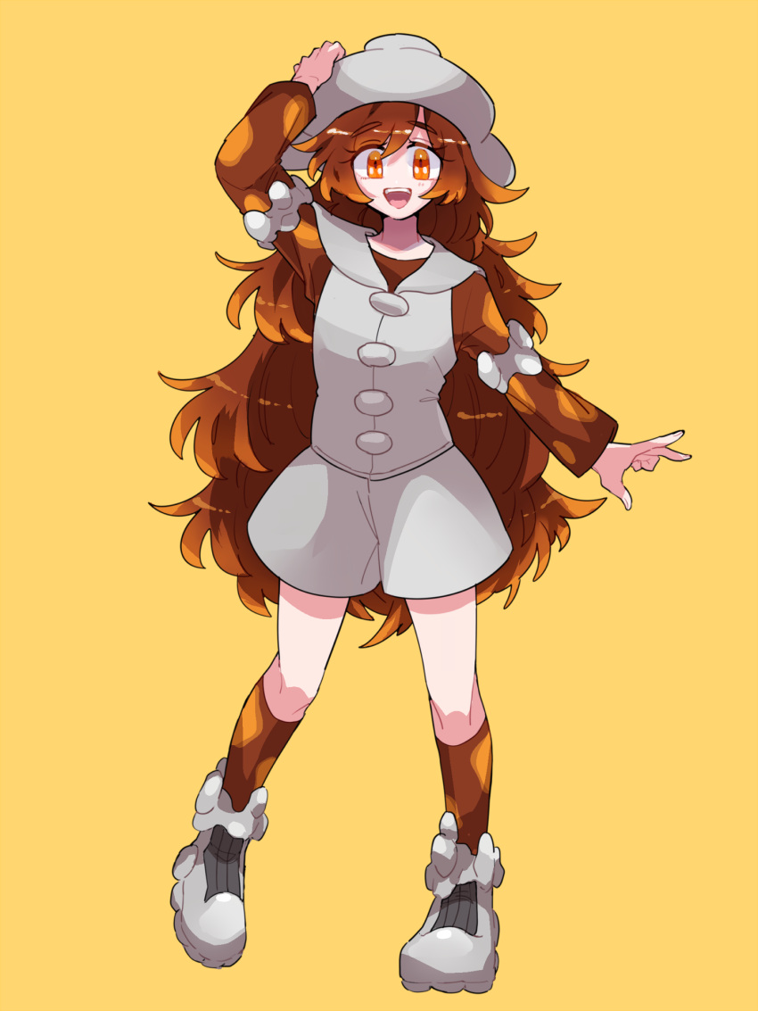 1girl :d arm_up brown_hair brown_shirt brown_socks full_body gotoroku_(pkg) grey_footwear grey_headwear grey_shorts grey_vest hand_on_headwear heatran highres kneehighs long_sleeves orange_eyes personification pokemon shirt shorts simple_background smile socks solo vest yellow_background