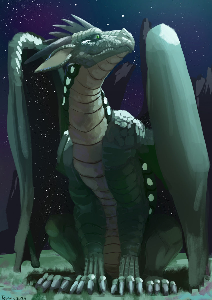 ambiguous_gender belly_scales black_membrane dragon feral grass green_body green_eyes green_scales grey_horn hi_res horn membrane_(anatomy) membranous_wings moonwatcher_(wof) plant scales scalie solo teavern white_body white_scales wings wings_of_fire