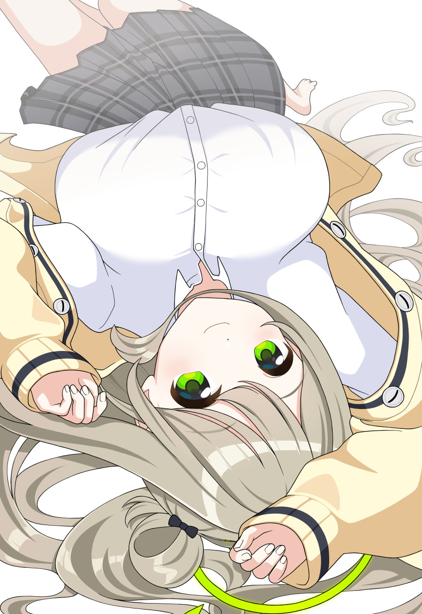 1girl absurdres black_skirt blue_archive breasts closed_mouth collared_shirt green_eyes green_halo halo highres jacket kokolokokomika large_breasts light_brown_hair long_hair long_sleeves looking_at_viewer nonomi_(blue_archive) open_clothes open_jacket pleated_skirt shirt skirt smile solo white_shirt yellow_jacket