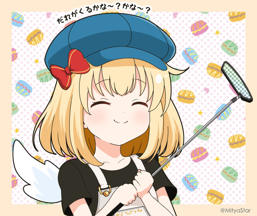 1girl ^_^ bangs black_shirt black_wings blonde_hair blue_headwear bow cabbie_hat closed_eyes closed_mouth commentary_request facing_viewer food-themed_background golf_club hat hat_bow holding maaru_(shironeko_project) mismatched_wings mitya overalls polka_dot polka_dot_background red_bow shironeko_project shirt short_sleeves smile solo translation_request twitter_username upper_body white_wings wings