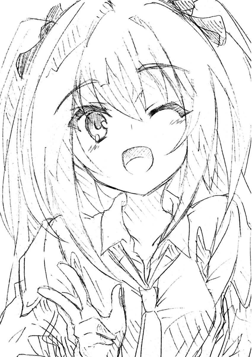 1girl ;d collared_shirt commentary_request dracu-riot! elena_olegovna_owen hair_between_eyes hair_ribbon hand_up happy highres light_blush long_hair looking_at_viewer monochrome necktie one_eye_closed open_mouth ribbon shirt sketch smile solo torinosu-812 traditional_media upper_body w