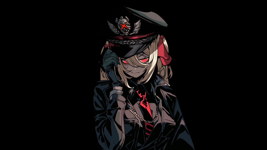 black_coat black_headwear coat evil_neuro-sama highres indie_virtual_youtuber lapels military_uniform necktie red_eyes red_ribbon ribbon twintails uniform