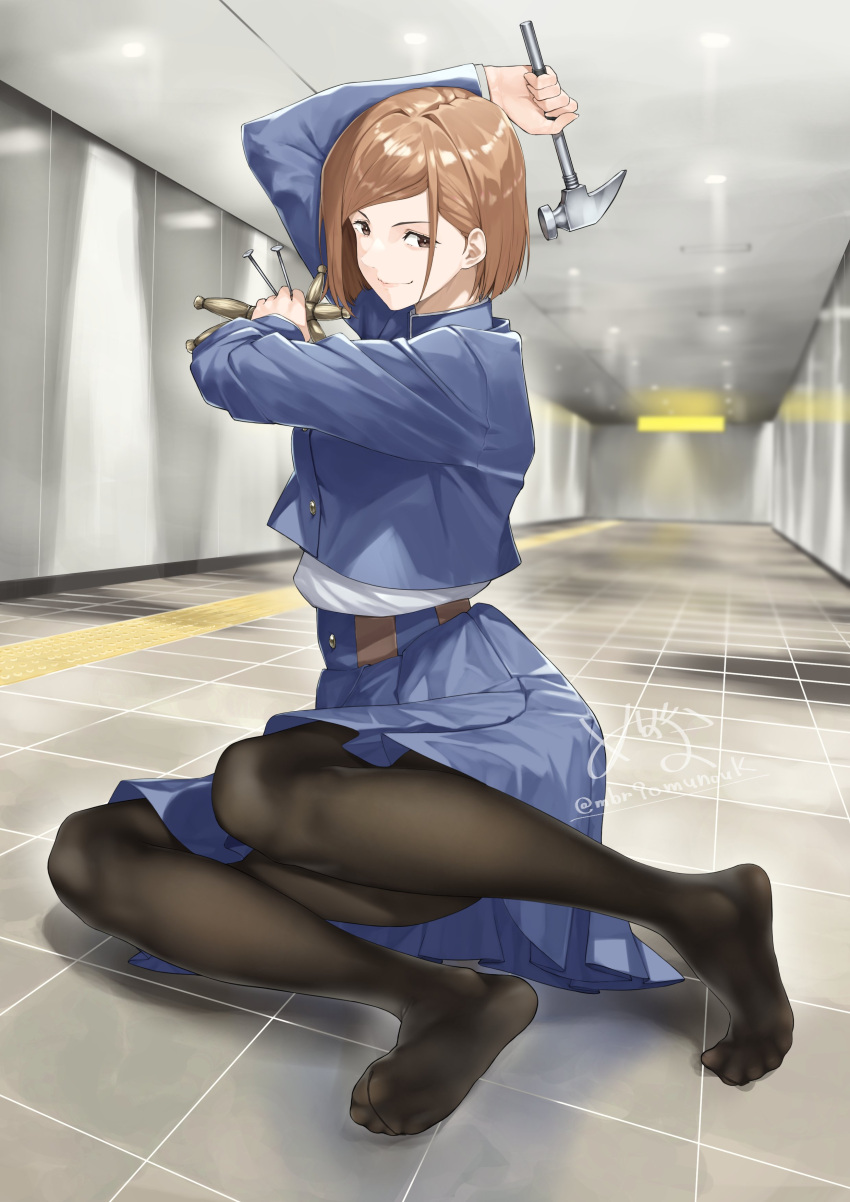 1girl absurdres arm_up artist_name black_pantyhose blue_jacket blue_skirt brown_eyes brown_hair closed_mouth convenient_leg cropped_jacket eyelashes feet full_body hammer hashtag_only_commentary high-waist_skirt highres holding holding_hammer jacket jujutsu_kaisen kugisaki_nobara legs long_sleeves looking_at_viewer mbr90munouk medium_hair no_shoes pantyhose pleated_skirt shadow skirt smile soles solo swept_bangs tile_floor tiles toes twitter_username v-shaped_eyebrows