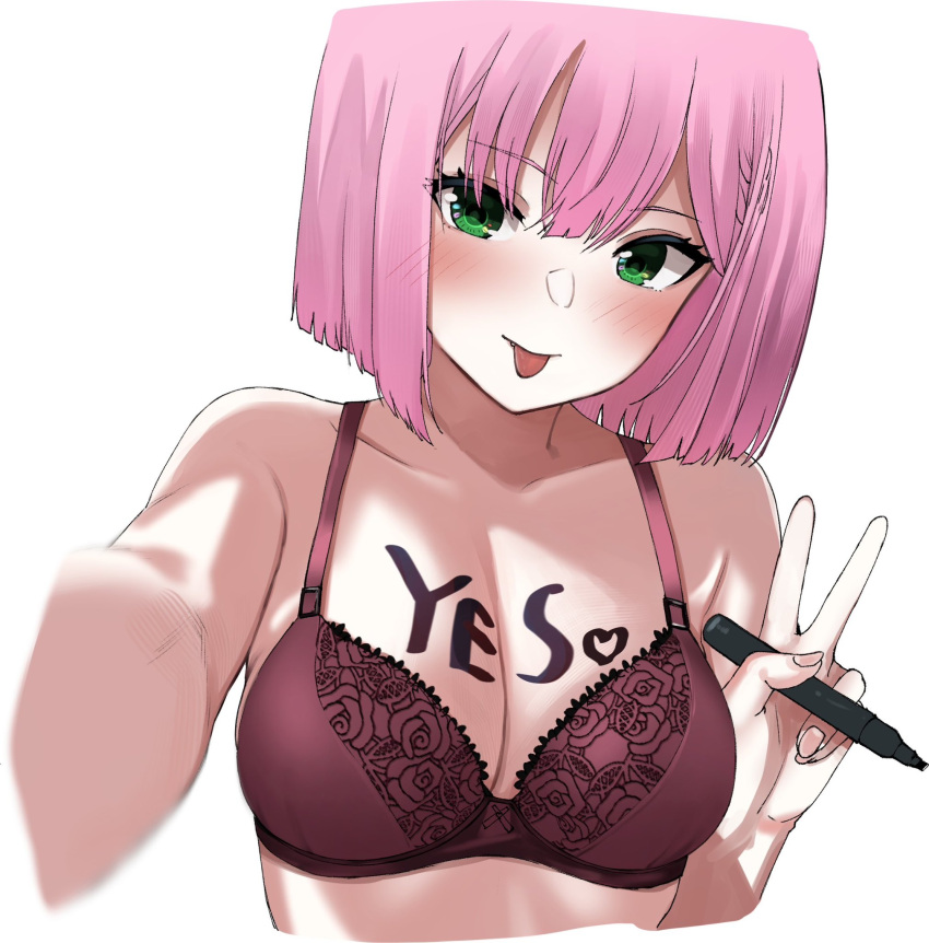 1girl :p blurry blush bob_cut body_writing bra breasts brown_bra cleavage closed_mouth collarbone commentary depth_of_field eyelashes fang fingernails flirting floral_print green_eyes hair_between_eyes heart highres holding holding_marker looking_at_viewer marker medium_breasts naughty_face pink_hair selfie short_hair simple_background smile solo tanikaze_amane tenshi_souzou_re-boot! tft_(tft7822) tongue tongue_out translated tsurime underwear upper_body v white_background yes