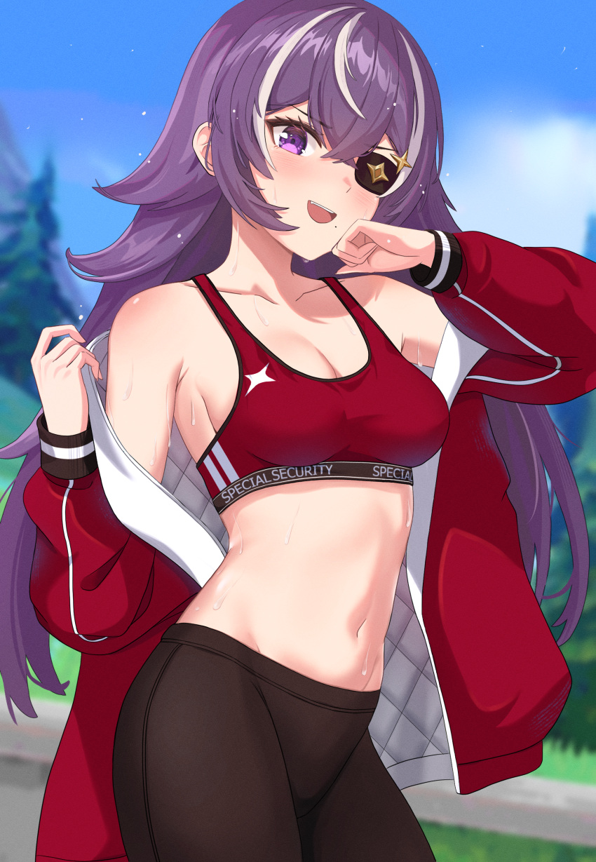 1girl absurdres alternate_costume breasts chevreuse_(genshin_impact) collarbone eyepatch genshin_impact highres jacket long_hair medium_breasts mole mole_under_mouth multicolored_hair navel open_mouth pointy_hair purple_eyes purple_hair red_sports_bra serafhin solo sports_bra streaked_hair sweat teeth tongue two-tone_hair upper_teeth_only very_long_hair white_hair