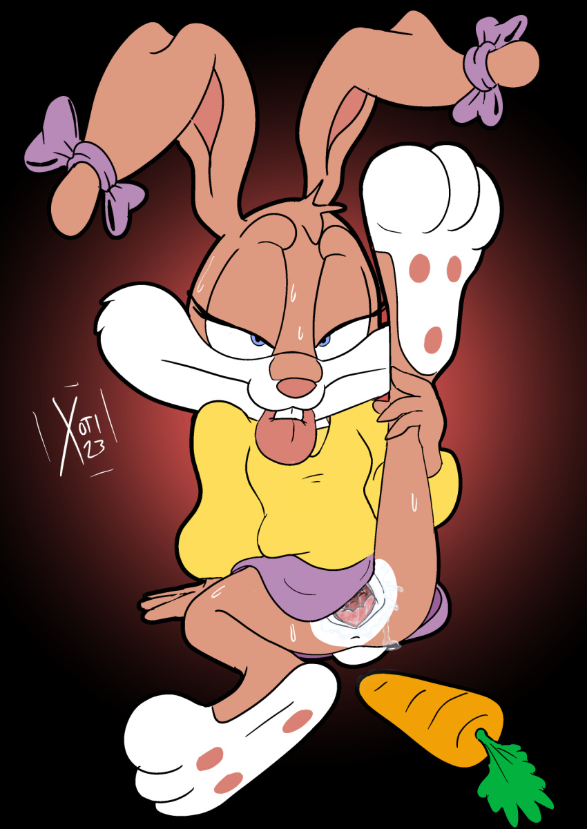 anthro babs_bunny bite bodily_fluids bottomwear clothed clothing clothing_lift feet female gaping gaping_pussy genital_fluids genitals hi_res improvised_dildo improvised_sex_toy lagomorph leporid looking_pleasured mammal paws pussy pussy_juice rabbit raised_bottomwear raised_clothing raised_leg raised_skirt skirt skirt_lift solo sweat sweater tiny_toon_adventures tongue tongue_bite topwear warner_brothers xoti