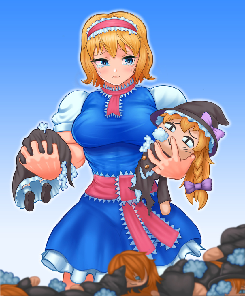 1girl alice_margatroid blonde_hair blue_background blue_dress blue_eyes blurry blurry_foreground blush breasts character_doll closed_mouth commentary_request cookie_(touhou) cowboy_shot crying crying_with_eyes_open doll dress frilled_hairband frilled_necktie frilled_sash frills frown gradient_background hairband highres holding holding_doll kirisame_marisa large_breasts medium_bangs muscular muscular_female necktie pink_hairband pink_necktie pink_sash rei_(cookie) sad sakuranbou_(cookie) sash shirt short_hair sleeveless sleeveless_dress solo stuffing tears touhou tsukuru_hajime white_shirt