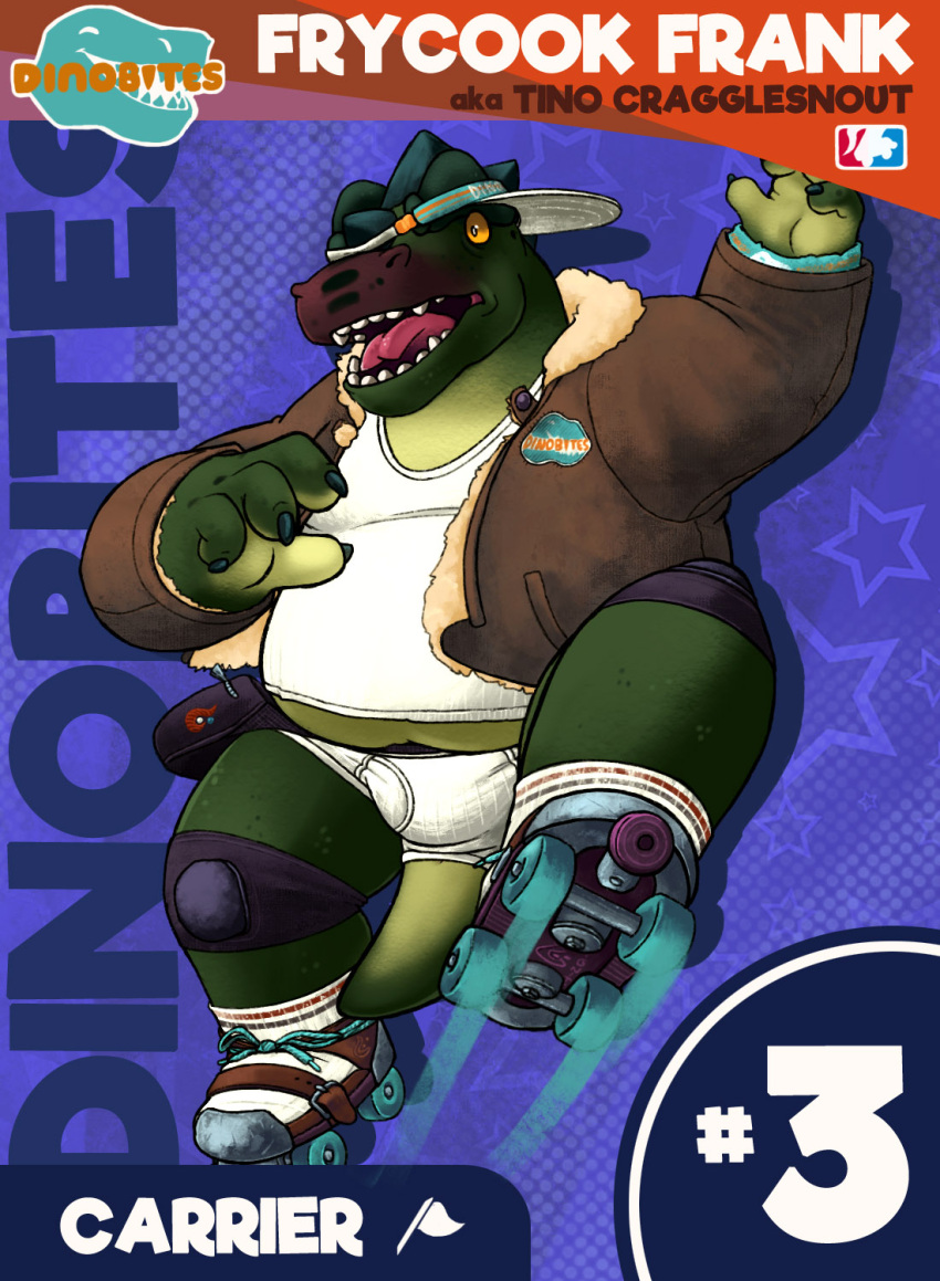 anthro briefs brown_clothing brown_jacket brown_sweater brown_topwear bulge claws clothing detailed_background dinobites eddio english_text footwear gleeksunstroke green_body green_scales hat headgear headwear hi_res jacket knee_pads male number open_mouth overweight overweight_male pantsless red_body red_scales roller_skates scales scalie shirt skateboard skating socks solo sun_hat sweater tank_top teeth_showing text tighty_whities tino tongue_showing topwear underwear white_briefs white_clothing white_footwear white_shirt white_socks white_tank_top white_topwear white_underwear wristband yellow_sclera