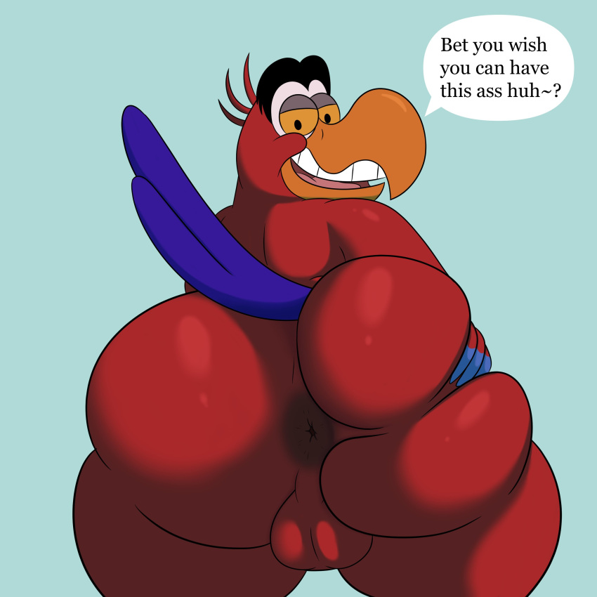 2024 absurd_res anthro anus ara_(genus) avian balls beak bedroom_eyes bent_over big_butt bird black_eyes blue_background blue_body blue_feathers blue_tail butt butt_grab colossalstars digital_media_(artwork) disney disney's_aladdin english_text feathered_tail feathers genitals half-closed_eyes hand_on_butt hi_res iago_(disney) looking_at_viewer looking_back macaw male narrowed_eyes neotropical_parrot orange_beak orange_sclera parrot presenting presenting_anus presenting_hindquarters red_body red_feathers scarlet_macaw seductive simple_background solo speech_bubble tail teeth text thick_thighs tongue true_parrot
