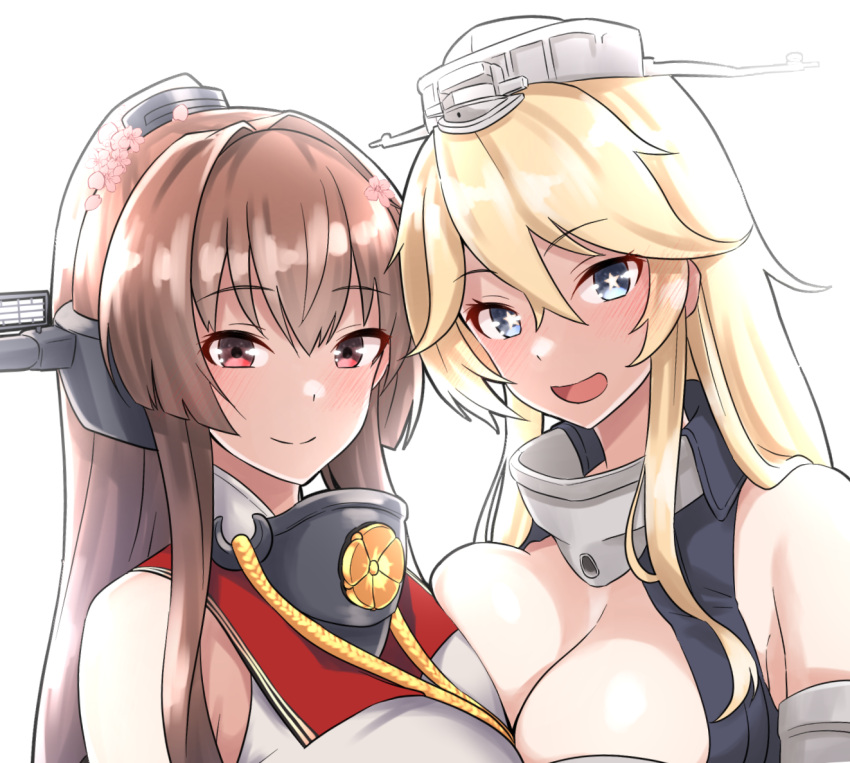 asymmetrical_docking blonde_hair blue_eyes breast_press breasts brown_hair collar commentary_request furaggu_(frag_0416) headgear iowa_(kancolle) kantai_collection kikumon large_breasts long_hair looking_at_viewer metal_collar open_mouth red_eyes simple_background smile star-shaped_pupils star_(symbol) symbol-shaped_pupils white_background yamato_(kancolle) yamato_kai_ni_(kancolle)