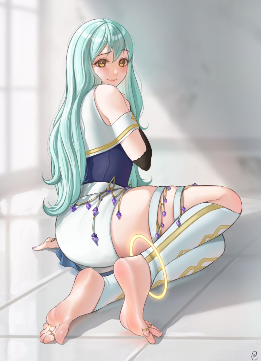 angel barefoot barefoot_sandals blue_hair french_nails greek_toe half-skirt halo halo_anklet highres jewelry long_hair long_toes nikishiko non-web_source purple_nails soles spread_toes strap teasing thigh_strap thighs toe_ring toes