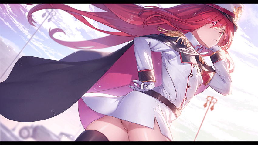1girl belt black_belt black_cape black_thighhighs cape closed_mouth commentary_request commission epaulettes gloves hand_on_own_hip hand_up hat ibuki_notsu long_hair long_sleeves military_hat military_uniform mole mole_under_eye original outdoors red_eyes red_hair skeb_commission solo thighhighs uniform white_gloves white_headwear