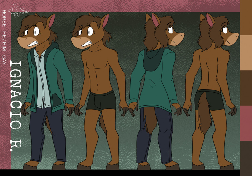 anthro barefoot bottomwear brown_body brown_fur brown_hair bulge butt clothing equid equine feet fur hair hoodie hooves horse ignacio_(katnay) jacket katnay male mammal mane model_sheet navel pants rear_view shirt solo tail the_whisperers topwear underwear