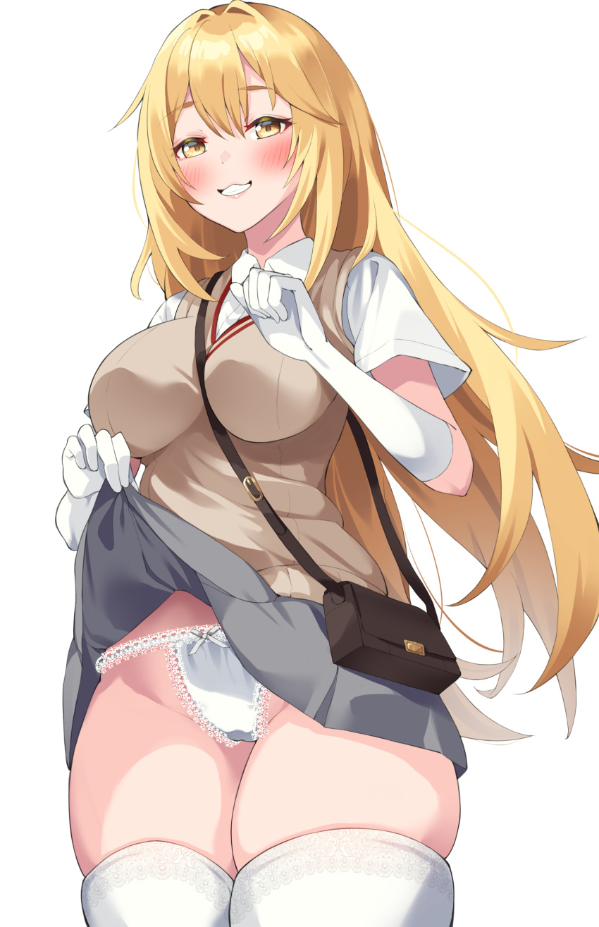 1girl absurdres bag between_breasts blonde_hair breasts brown_sweater_vest bushinofuji clothes_lift collared_shirt commentary_request gloves grey_skirt hair_between_eyes handbag highres lace-trimmed_panties lace_trim large_breasts lifted_by_self long_hair looking_at_viewer miniskirt paid_reward_available panties parted_lips pleated_skirt school_uniform shirt shokuhou_misaki short_sleeves skirt skirt_lift smile strap_between_breasts summer_uniform sweater_vest thighhighs thighs toaru_kagaku_no_mental_out toaru_kagaku_no_railgun toaru_majutsu_no_index tokiwadai_school_uniform underwear white_gloves white_panties white_shirt white_thighhighs yellow_eyes