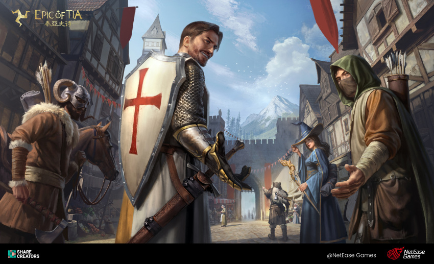 1girl 4boys absurdres animal architecture armor beard black_hair blue_dress blue_sky brown_hair building city concept_art cross dress epic_of_tia european_architecture european_clothes facial_hair half-timbered hat helmet highres hood horse key_visual mask multiple_boys official_art outdoors promotional_art quiver share_creators_inc shield sky sword vambraces watermark weapon witch_hat