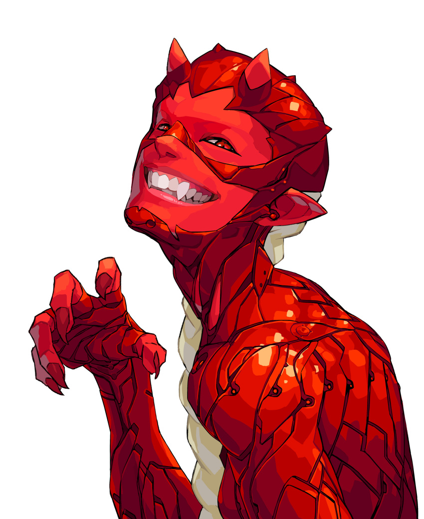 1boy bodysuit braid claw_pose colored_skin demon_boy fingernails highres horns looking_at_viewer male_focus open_mouth original pointy_ears red_eyes red_skin red_theme science_fiction sharp_fingernails sharp_teeth simple_background smile solo teeth teru_by_m upper_body white_background