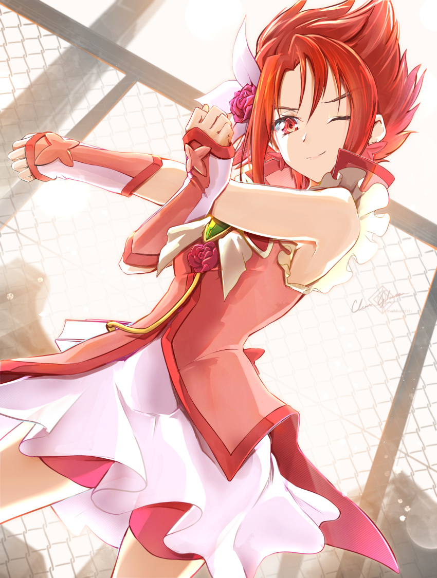 1girl arm_warmers brooch butterfly_brooch chain-link_fence clear_glass_(mildmild1311) cowboy_shot cross-body_stretch cure_rouge day fence heart heart_brooch highres indoors jewelry magical_girl natsuki_rin precure red_eyes red_hair short_hair shorts shorts_under_skirt skirt smile solo stretching vest yes!_precure_5 yes!_precure_5_gogo!