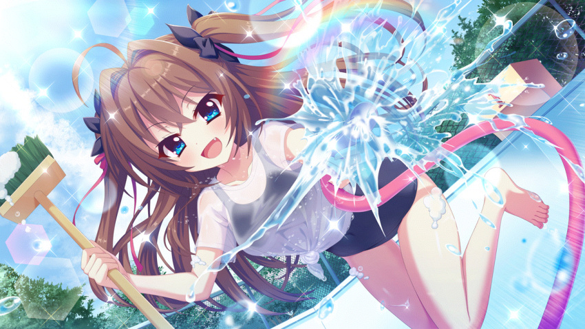 1girl ahoge barefoot black_bow blue_eyes blue_sky bow breasts broom brown_hair chain-link_fence cloud collarbone covered_navel day dutch_angle fang fence film_grain game_cg hair_bow hair_intakes hair_ribbon holding holding_broom hose izumi_tsubasu lens_flare long_hair looking_at_viewer medium_breasts non-circular_lens_flare non-web_source official_art open_mouth outdoors pink_ribbon pool rainbow re:stage! ribbon school_swimsuit see-through see-through_shirt shikimiya_aone shirt sky smile solo sparkle spraying standing standing_on_one_leg swimsuit tree two_side_up wet wet_clothes wet_shirt white_shirt