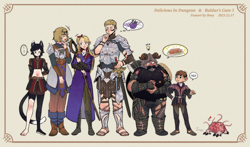 1other 3boys 3girls abingbeey absurdres adapted_costume animal_ears armor astarion astarion_(cosplay) baldur's_gate baldur's_gate_3 black_hair blonde_hair brown_hair cat_ears cat_tail chilchuck_tims cosplay crop_top dungeon_meshi dungeons_and_dragons dwarf elf facial_tattoo fake_horns falin_thorden gale_(baldur's_gate) gale_(baldur's_gate)_(cosplay) halfling highres horned_headwear horns izutsumi karlach karlach_(cosplay) lae'zel lae'zel_(cosplay) laios_thorden mage_staff marcille_donato multiple_boys multiple_girls pointy_ears senshi_(dungeon_meshi) shadowheart_(baldur's_gate) shadowheart_(baldur's_gate)_(cosplay) sword tail tattoo us_(baldur's_gate) weapon wyll_(baldur's_gate) wyll_(baldur's_gate)_(cosplay)