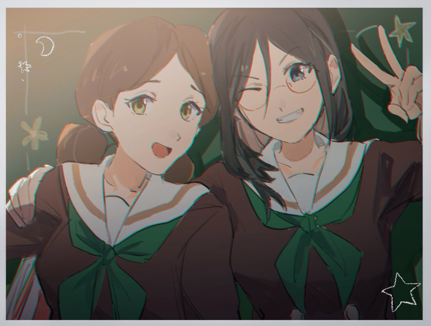 2girls biiko_(king1015g) black_hair blue_eyes brown_hair brown_jacket chromatic_aberration glasses green_neckerchief hand_on_another's_shoulder hibike!_euphonium highres jacket kitauji_high_school_uniform looking_at_viewer multiple_girls neckerchief ogasawara_haruka one_eye_closed red-framed_eyewear school_uniform sketch tanaka_asuka v yellow_eyes