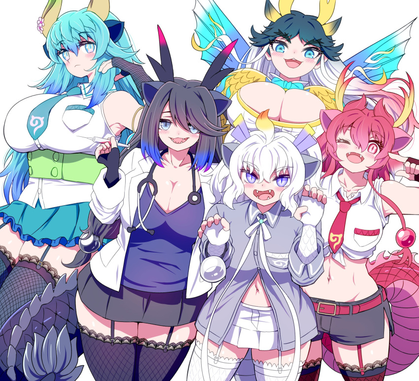5girls ahoge aqua_hair arm_up behind_another belt black_dragon_(kemono_friends) black_hair black_horns blonde_hair blue_dragon_(kemono_friends) blue_eyes blue_hair blush breast_pocket breasts claw_pose closed_mouth coat collared_shirt cropped_shirt doctor dragon_ears dragon_girl dragon_horns dragon_tail fangs fingerless_gloves garter_straps gloves hands_up height_difference highres holding holding_syringe horns impossible_clothes impossible_shirt japari_symbol kemono_friends kemono_friends_3 kirin_(kemono_friends) lab_coat long_hair looking_at_viewer mamiyama midriff miniskirt multicolored_hair multicolored_horns multiple_girls navel necktie one_eye_closed open_clothes open_coat open_mouth orange_hair parted_bangs pink_horns pocket purple_eyes purple_hair purple_horns red_dragon_(kemono_friends) red_eyes red_hair red_horns shirt shorts skindentation skirt slit_pupils smile stethoscope stomach syringe tail thighhighs underbust very_long_hair white_coat white_dragon_(kemono_friends) white_hair wing_collar wings yellow_horns