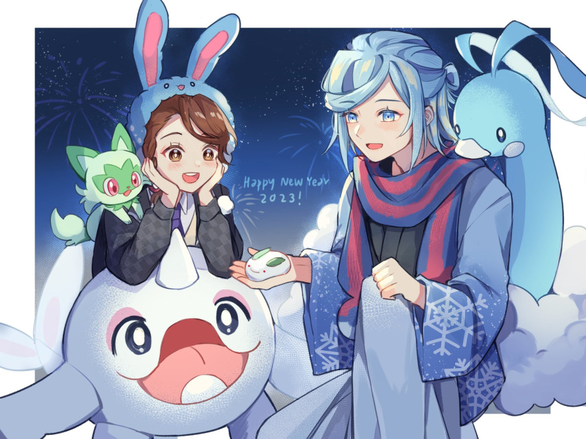 2girls altaria animal_ears blue_eyes blue_hair border brown_eyes chinese_zodiac choryorrrrrr english_text fireworks grusha_(pokemon) happy happy_new_year highres japanese_clothes juliana_(pokemon) kimono multiple_girls new_year pokemon pokemon_(creature) pokemon_(game) pokemon_sv rabbit_ears scarf sprigatito white_border year_of_the_rabbit