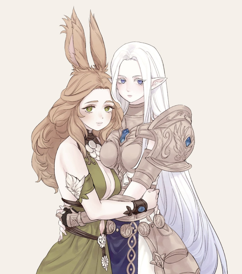 2girls alternate_race animal_ears armor astraea_010 bare_shoulders black_gloves blue_eyes boobplate breastplate breasts cleavage cleavage_cutout clothing_cutout colored_eyelashes commentary_request cowboy_shot detached_sleeves dress elezen elf expressionless faulds final_fantasy final_fantasy_xiv fingerless_gloves gloves green_dress green_eyes halone_(ff14) halter_dress halterneck hands_on_another's_back highres hug korean_commentary long_hair looking_at_viewer multiple_girls no_headwear nophica orange_hair orange_pupils pauldrons pointy_ears rabbit_ears shoulder_armor simple_background skirt sleeveless sleeveless_dress smile standing vambraces viera white_hair white_skirt yellow_background yuri