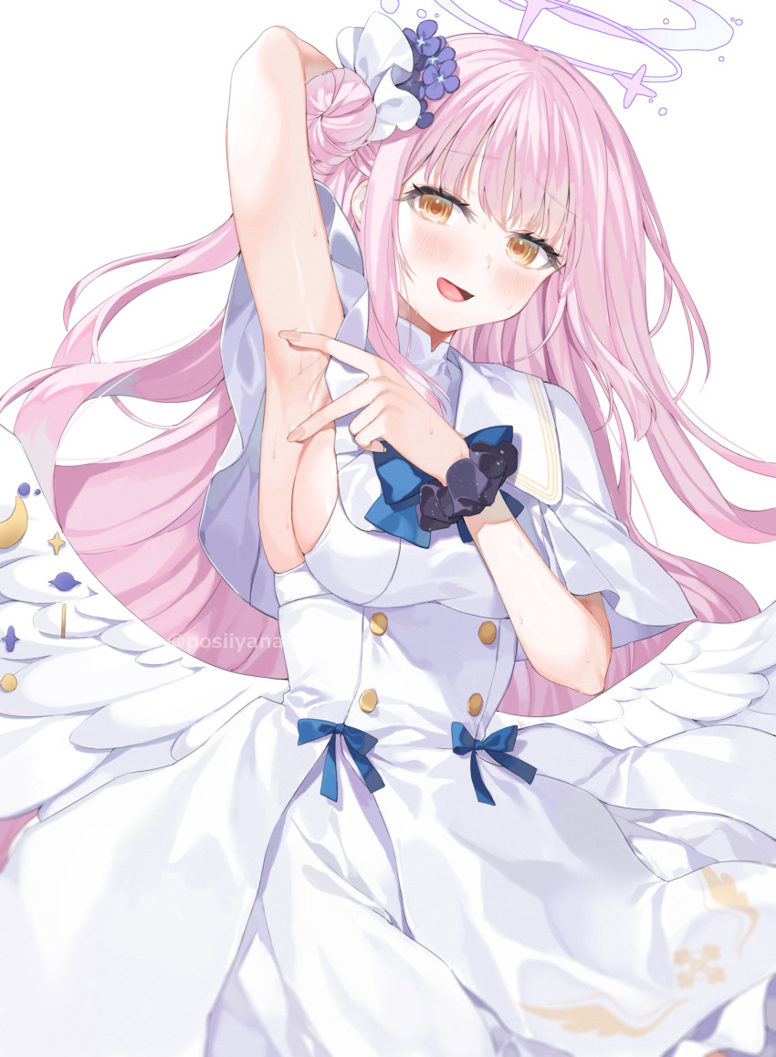 1girl :d angel_wings arm_behind_head armpits blue_archive blunt_bangs breasts capelet commentary_request dress feathered_wings flower frilled_dress frills hair_flower hair_ornament hair_scrunchie halo highres long_hair looking_at_viewer mika_(blue_archive) one_side_up pink_hair presenting_armpit school_uniform scrunchie sideboob sidelocks simple_background smile solo white_capelet white_dress white_wings wings wrist_scrunchie yana_mori yellow_eyes