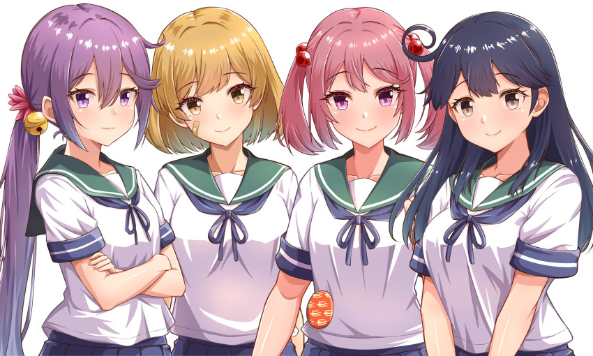 ahoge akebono_(kancolle) badge bandaid bandaid_on_face bell black_hair blue_neckerchief blue_sailor_collar blue_skirt blush breasts brown_eyes brown_hair closed_mouth collarbone commentary_request crossed_arms dated flower green_sailor_collar hair_bell hair_between_eyes hair_bobbles hair_flower hair_ornament highres jingle_bell kantai_collection large_breasts long_hair looking_at_viewer low_side_ponytail medium_breasts neck_ribbon neckerchief oboro_(kancolle) one-hour_drawing_challenge pink_eyes pink_hair pleated_skirt purple_eyes purple_hair ribbon sailor_collar sazanami_(kancolle) school_uniform serafuku shiromaru_(maniado) shirt short_hair short_sleeves side_ponytail sidelocks simple_background skirt smile twintails twitter_username upper_body ushio_(kancolle) very_long_hair white_background white_shirt
