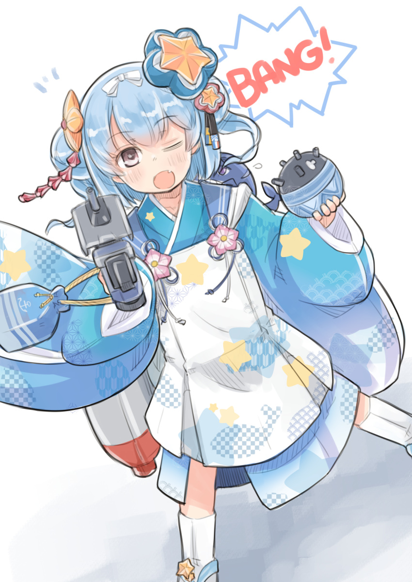 1girl adapted_turret animal_on_shoulder bag blue_eyes blue_hair blue_kimono cannon double_bun dutch_angle enjaku_izuku explosive feet_out_of_frame gun hair_bun highres japanese_clothes kantai_collection kimono little_blue_whale_(kancolle) mine_(weapon) naval_mine official_alternate_costume one_eye_closed samuel_b._roberts_(kancolle) samuel_b._roberts_mk_ii_(kancolle) satchel simple_background solo star_(symbol) star_print turret twintails weapon white_background