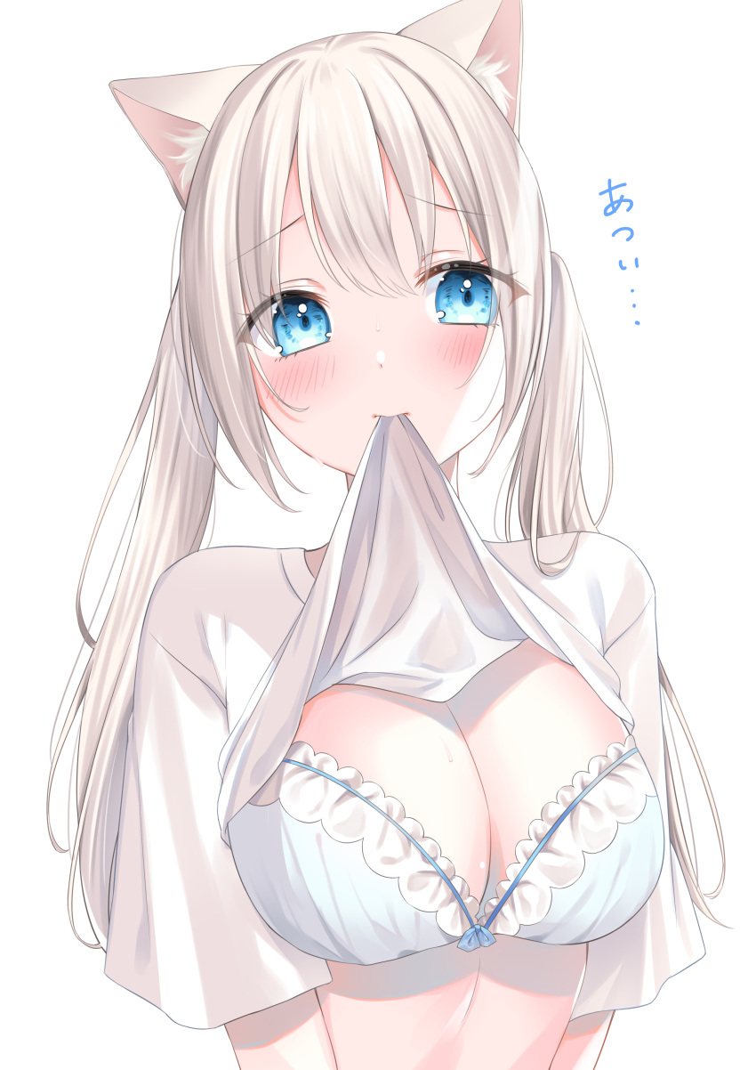 1girl absurdres animal_ear_fluff animal_ears blue_bra blue_eyes blush bra breasts cat_ears cat_girl clothes_in_mouth highres kmr_7m long_hair medium_breasts mouth_hold original shirt shirt_in_mouth short_sleeves solo translation_request twintails underwear upper_body white_hair white_shirt