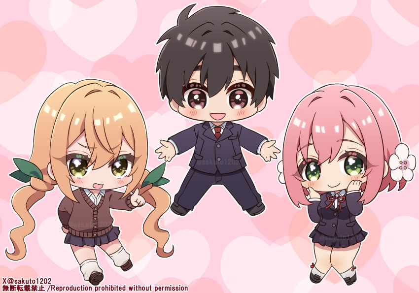 1boy 2girls aijou_rentarou black_hair brown_sweater chibi flower green_eyes hair_flower hair_ornament hanazono_hakari hands_on_own_face heart heart_print highres inda_karane kimi_no_koto_ga_dai_dai_dai_dai_daisuki_na_100-nin_no_kanojo low_twintails multiple_girls necktie open_mouth orange_hair pink_hair pleated_skirt saki_usagi school_uniform short_hair skirt smile socks sweater twintails white_socks yellow_eyes