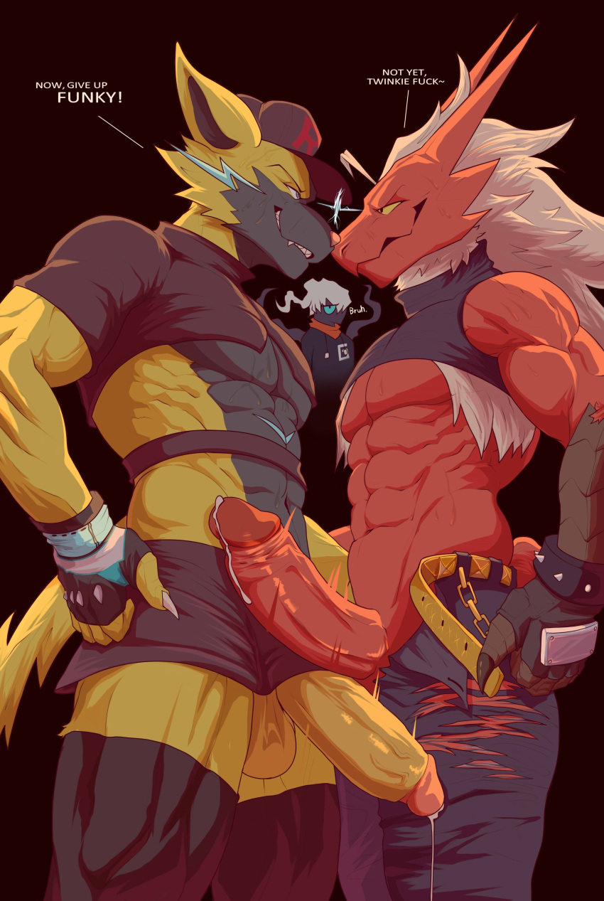 abs absurd_res anthro balls bass_(e_zoid) big_balls big_penis biped black_body black_fur blaziken blonde_hair bodily_fluids chord_(e_zoid) clothed clothing darkrai dialogue duo erection fingerless_gloves funk_(e_zoid) fur generation_3_pokemon generation_4_pokemon generation_7_pokemon genital_fluids genitals ggan_ggandi glans gloves hair handwear hi_res huge_penis humanoid_genitalia humanoid_penis jab_(e_zoid) jacket legendary_pokemon male male/male muscular muscular_anthro muscular_male nintendo pecs penis pokemon pokemon_(species) red_balls red_body red_glans red_penis scutes topwear yellow_body yellow_fur zeraora