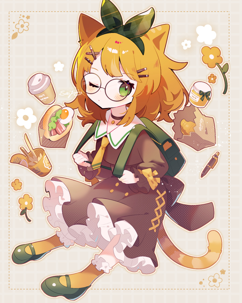 1girl animal_ears backpack bag blonde_hair cat_ears cat_girl cat_tail coffee_cup cup disposable_cup dress full_body glasses green_eyes grey_background hair_ornament hairband hairclip highres one_eye_closed original randoseru round_eyewear saijo1201 tail