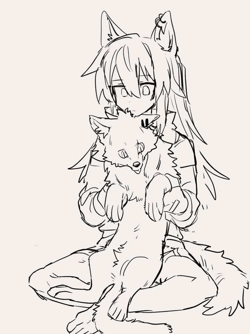 1girl animal animal_ear_piercing animal_ears animalization arknights greyscale hair_between_eyes highres holding holding_animal lappland_(arknights) long_hair monochrome mutomorokoshi scar scar_across_eye sitting solo tail texas_(arknights) wolf wolf_ears wolf_girl wolf_tail