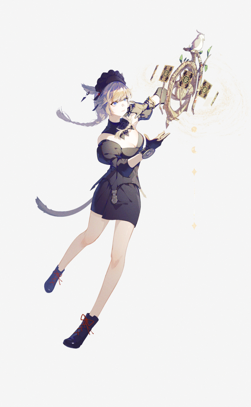 1girl animal_ears astrologian_(final_fantasy) bare_legs bird black_collar black_footwear black_gloves black_headwear black_shirt black_skirt blonde_hair blue_eyes blunt_bangs boots bracelet braid braided_ponytail branch breasts card cat_ears cat_girl cat_tail cleavage collar detached_collar detached_sleeves earrings final_fantasy final_fantasy_xiv floating floating_card floating_object full_body gloves grey_background headdress highres jewelry juliet_sleeves long_hair long_sleeves medium_breasts miqo'te nery off-shoulder_shirt off_shoulder pencil_skirt puffy_sleeves shirt simple_background skirt solo tachi-e tail warrior_of_light_(ff14)