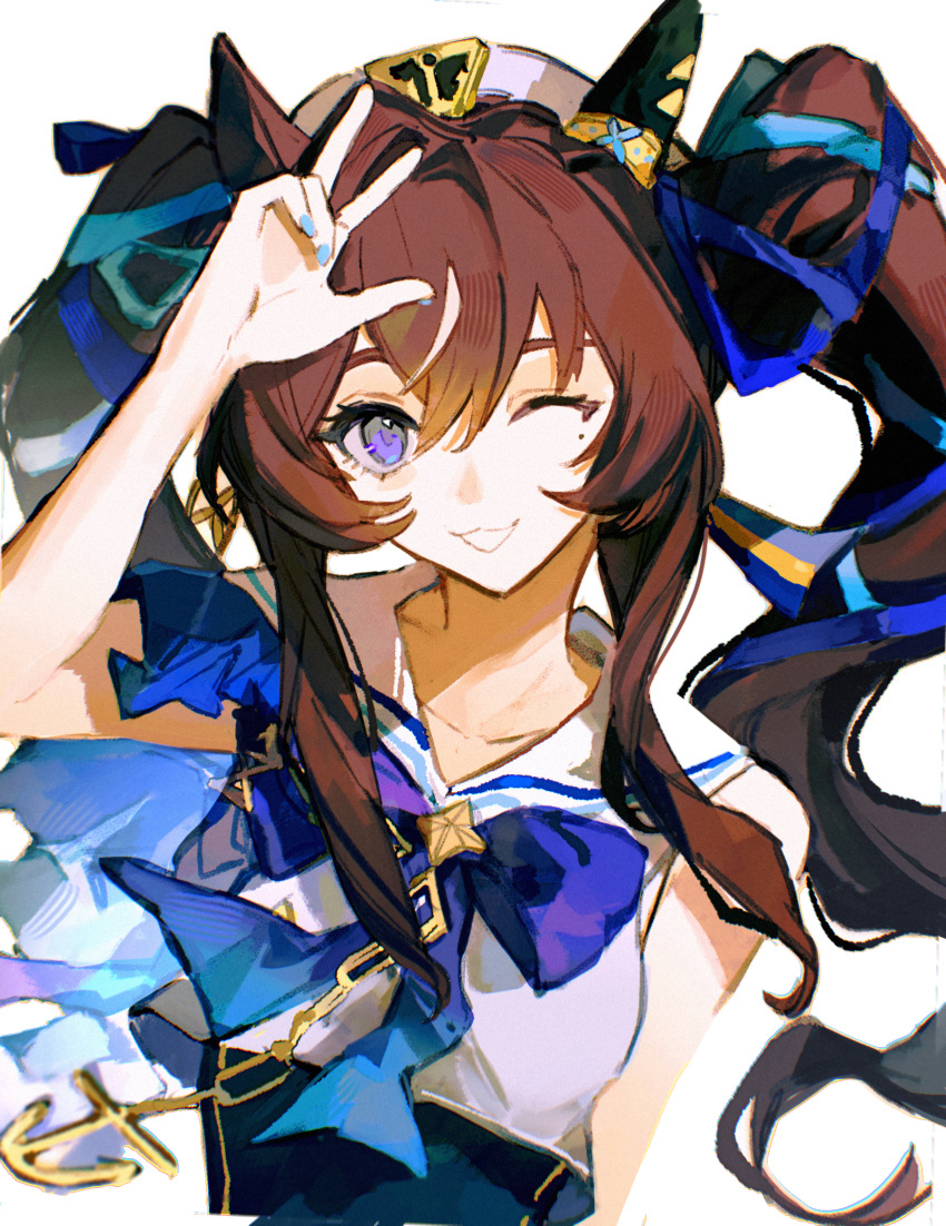 1girl anchor_necklace animal_ears bare_shoulders blue_bow blue_eyes blue_nails bow commentary_request ear_covers grin highres hikawayunn horse_ears horse_girl jewelry long_hair looking_at_viewer multicolored_hair necklace one_eye_closed sailor_collar shirt simple_background single_ear_cover sleeveless sleeveless_shirt smile solo streaked_hair twintails umamusume upper_body very_long_hair vivlos_(umamusume) w white_background white_hair white_headwear white_shirt