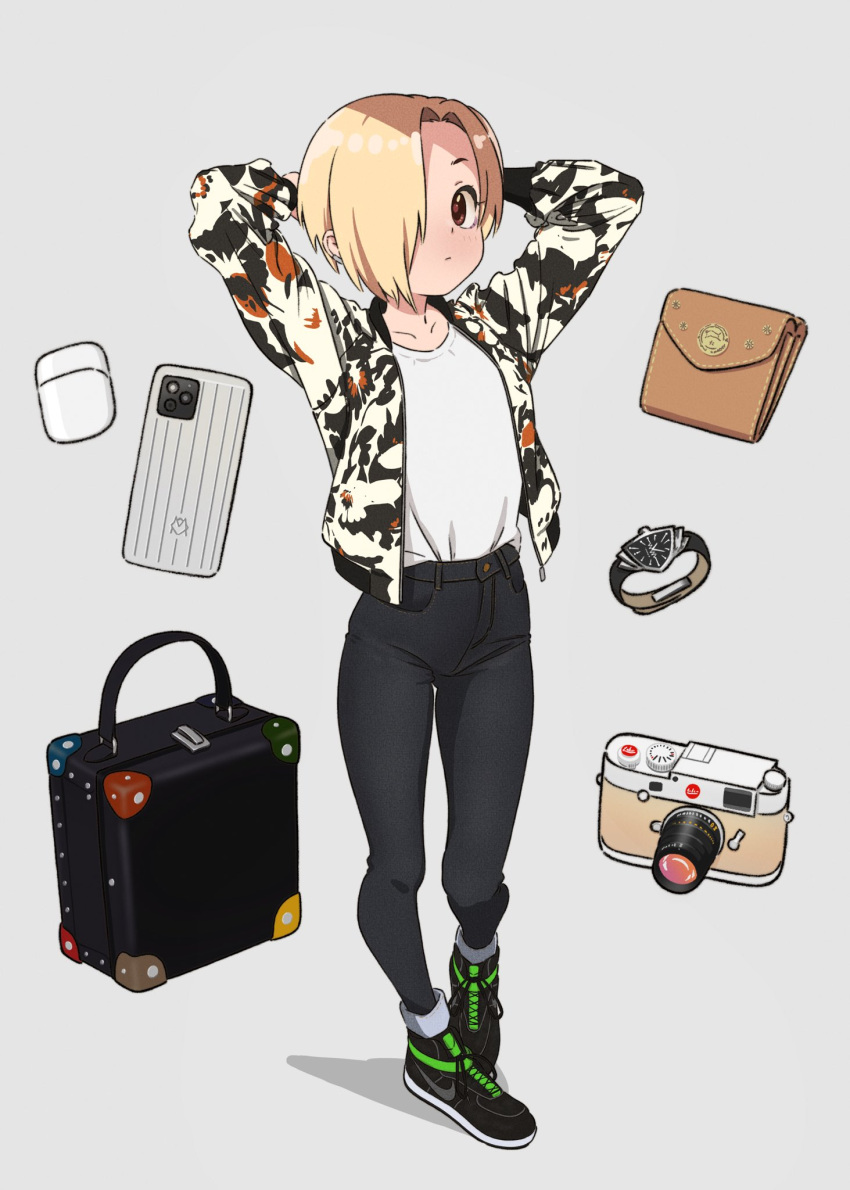 1girl arms_up blonde_hair brown_eyes camera cellphone commentary_request denim expressionless flat_chest full_body grey_background hair_over_one_eye highres idolmaster idolmaster_cinderella_girls illust_audio jacket jeans looking_at_viewer open_clothes open_jacket pants phone print_jacket shirasaka_koume shirt shirt_tucked_in shoes short_hair smartphone sneakers solo suitcase wallet watch white_shirt wristwatch