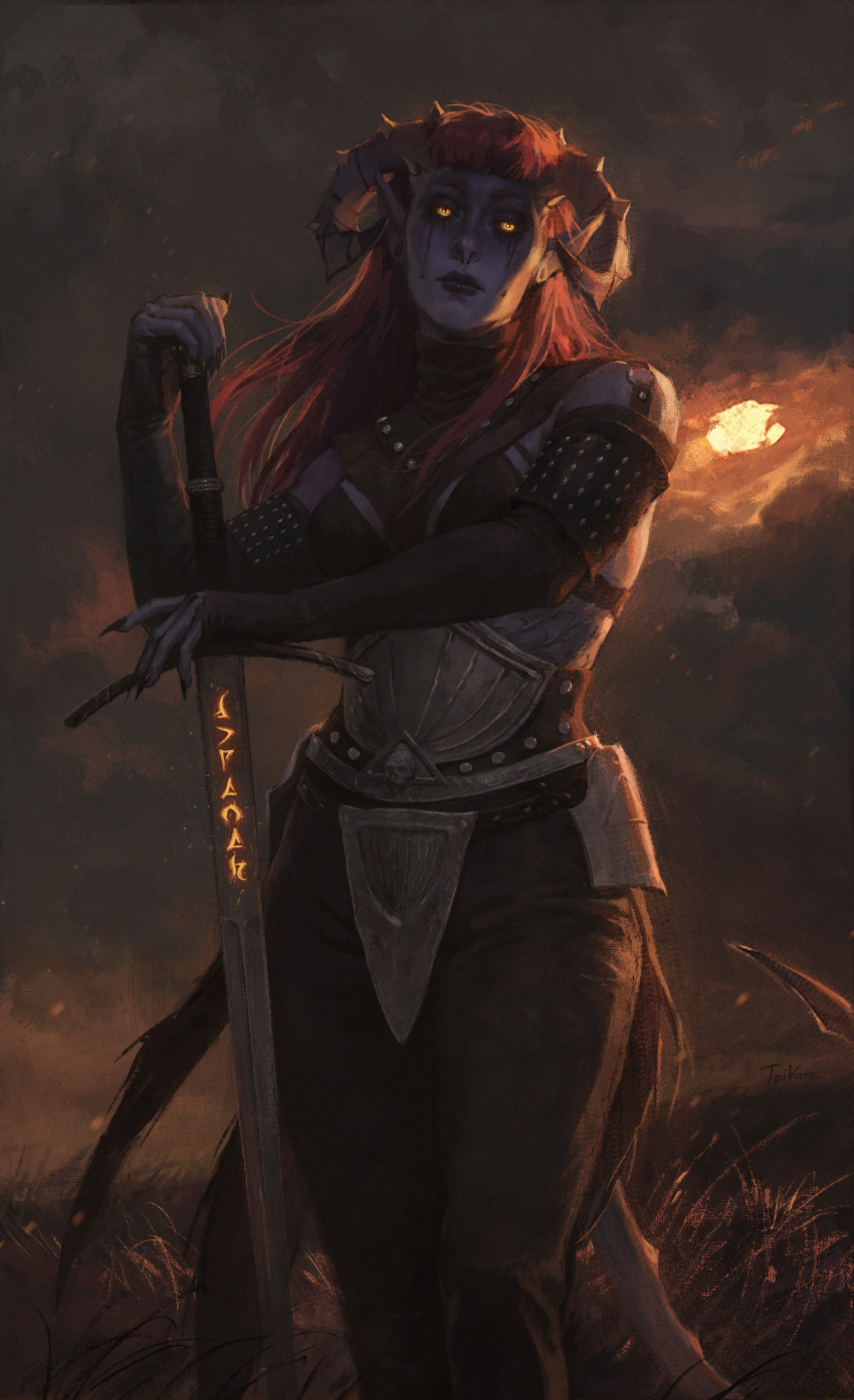 1girl absurdres armor black_pants demon_girl glowing_runes grey_sky highres holding holding_sword holding_weapon horns long_hair looking_at_viewer original outdoors pants pointy_ears red_hair runes runes_on_sword sky solo sun sword toivarg weapon yellow_eyes