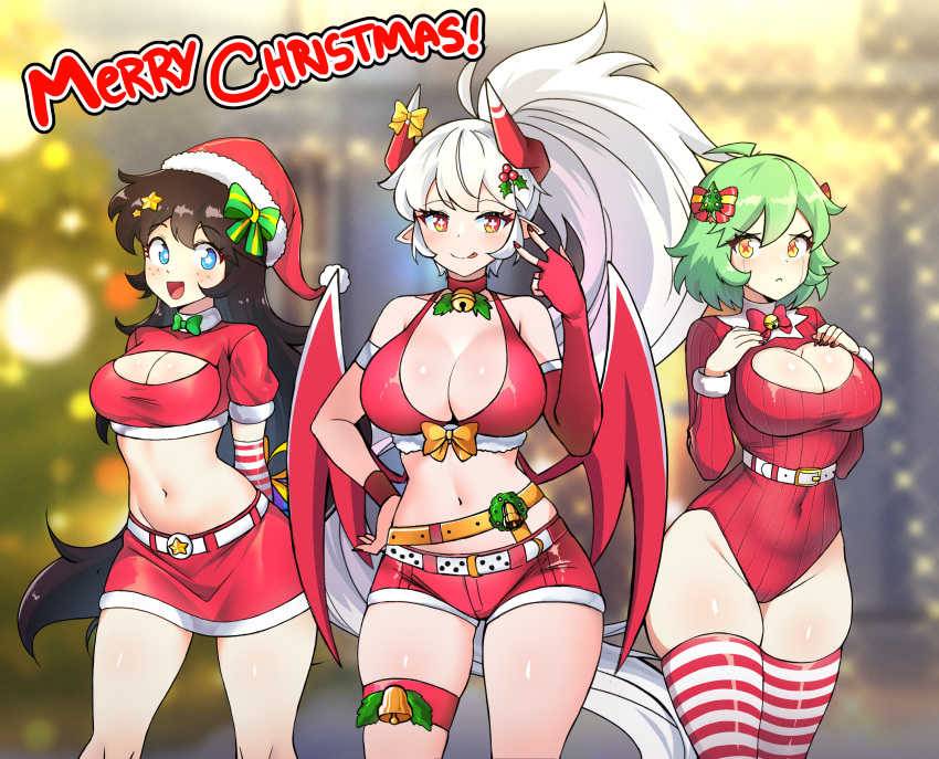3girls :d absurdres bell belt blue_eyes bow bowtie breasts brown_hair choker christmas cleavage cleavage_cutout closed_mouth clothing_cutout covered_navel cowboy_shot fingerless_gloves gloves green_hair hair_ribbon hat highres horn_bow horn_ornament horns jarckius large_breasts leotard long_hair long_sleeves medium_breasts merry_christmas midriff miniskirt multiple_girls navel neck_bell original ponytail red_choker red_leotard red_shorts red_skirt red_thighhighs ribbon santa_costume santa_hat short_hair short_shorts short_sleeves shorts single_glove skirt smile striped striped_thighhighs thigh_strap thighhighs very_long_hair white_belt white_hair white_thighhighs yellow_eyes