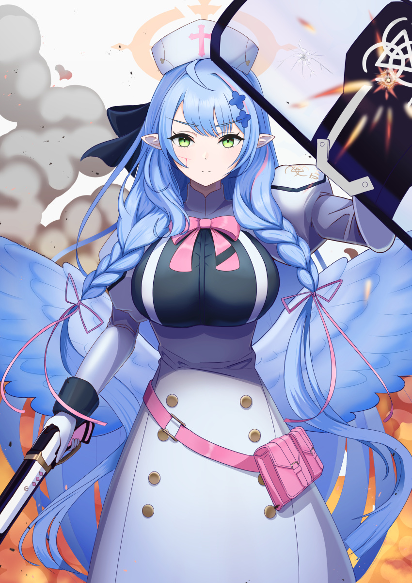1girl absurdres blood blue_archive blue_hair blue_wings braid breasts bullet_hole fire green_eyes gun halo hat highres holding holding_gun holding_shield holding_weapon juliet_sleeves large_breasts long_hair long_sleeves looking_at_viewer mine_(blue_archive) nurse_cap pointy_ears puffy_sleeves riot_shield shield shotgun smoke twin_braids weapon wings yasaka_(rwrk4222)