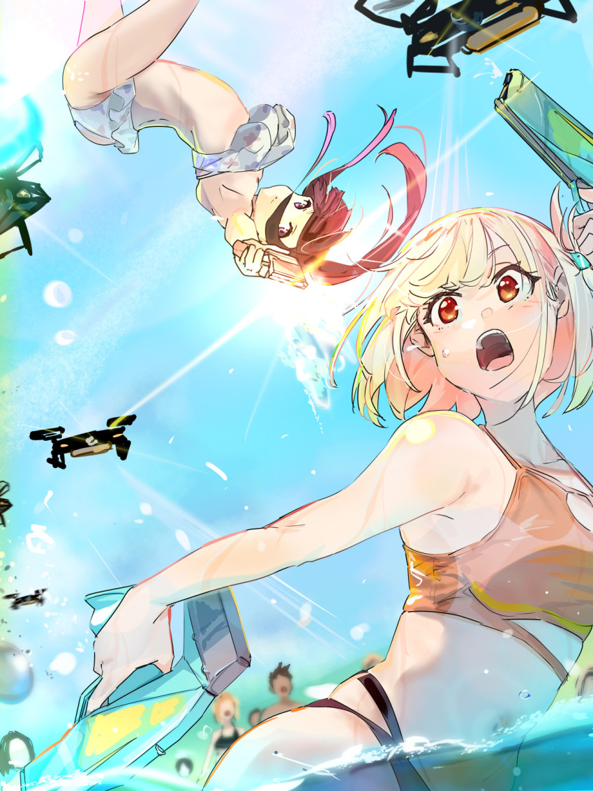 2girls aiming aiming_at_viewer bikini black_bikini_bottom black_hair blonde_hair blue_sky breasts closed_mouth commentary_request day drone dutch_angle floating_hair flying frilled_bikini frills funi_mu9 highres inoue_takina lens_flare long_hair looking_at_viewer lycoris_recoil medium_breasts multiple_girls navel nishikigi_chisato no_pupils one_side_up open_mouth orange_bikini orange_eyes outdoors partial_commentary partially_submerged people purple_eyes short_hair skindentation sky stomach swimsuit teeth two-tone_bikini upper_teeth_only water water_gun white_bikini