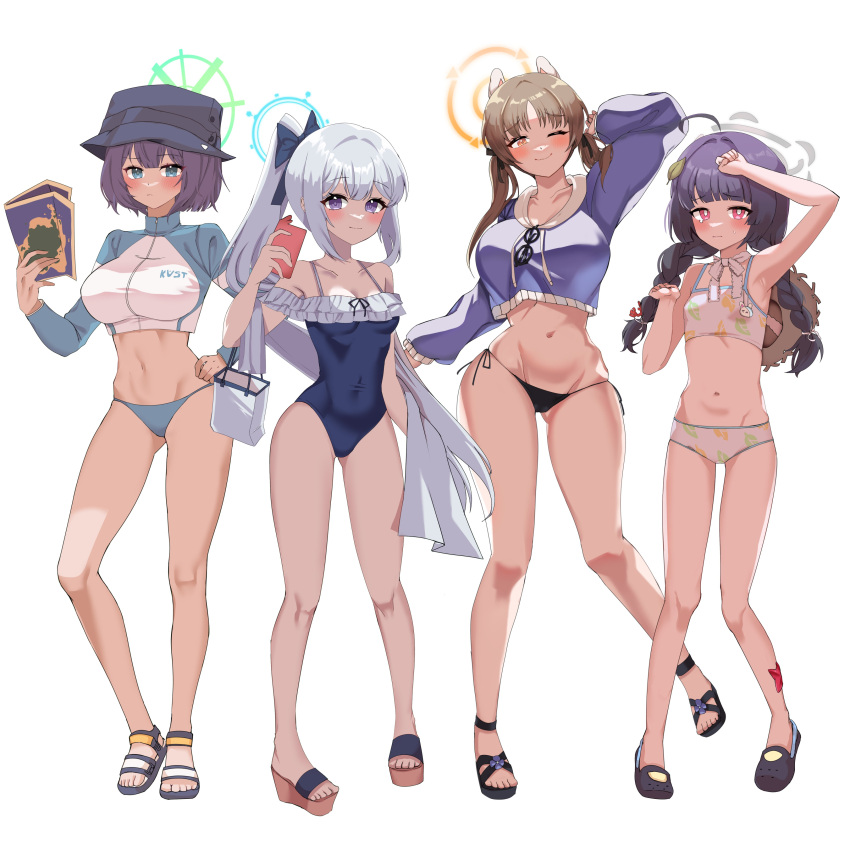 4girls absurdres ahoge animal animal_ears armpits ass bare_arms bare_legs bare_shoulders bikini black_bikini black_footwear black_hair blue_archive blue_shirt blush braid breasts bright_pupils brown_eyes brown_hair closed_mouth collarbone crocs fake_animal_ears full_body grey_halo groin halo hat highres johwa_(1n33dyour1ov3) large_breasts leaf leaf_on_head leaf_print long_hair long_sleeves low_twintails miyako_(blue_archive) miyako_(swimsuit)_(blue_archive) miyu_(blue_archive) miyu_(swimsuit)_(blue_archive) moe_(blue_archive) moe_(swimsuit)_(blue_archive) multiple_girls navel official_alternate_costume official_alternate_hairstyle one_eye_closed print_bikini rabbit_ears rabbit_platoon_(blue_archive) red_eyes saki_(blue_archive) saki_(swimsuit)_(blue_archive) sandals shirt simple_background small_breasts smile starfish straw_hat swimsuit twin_braids twintails unworn_hat unworn_headwear white_background white_bikini white_pupils yellow_halo