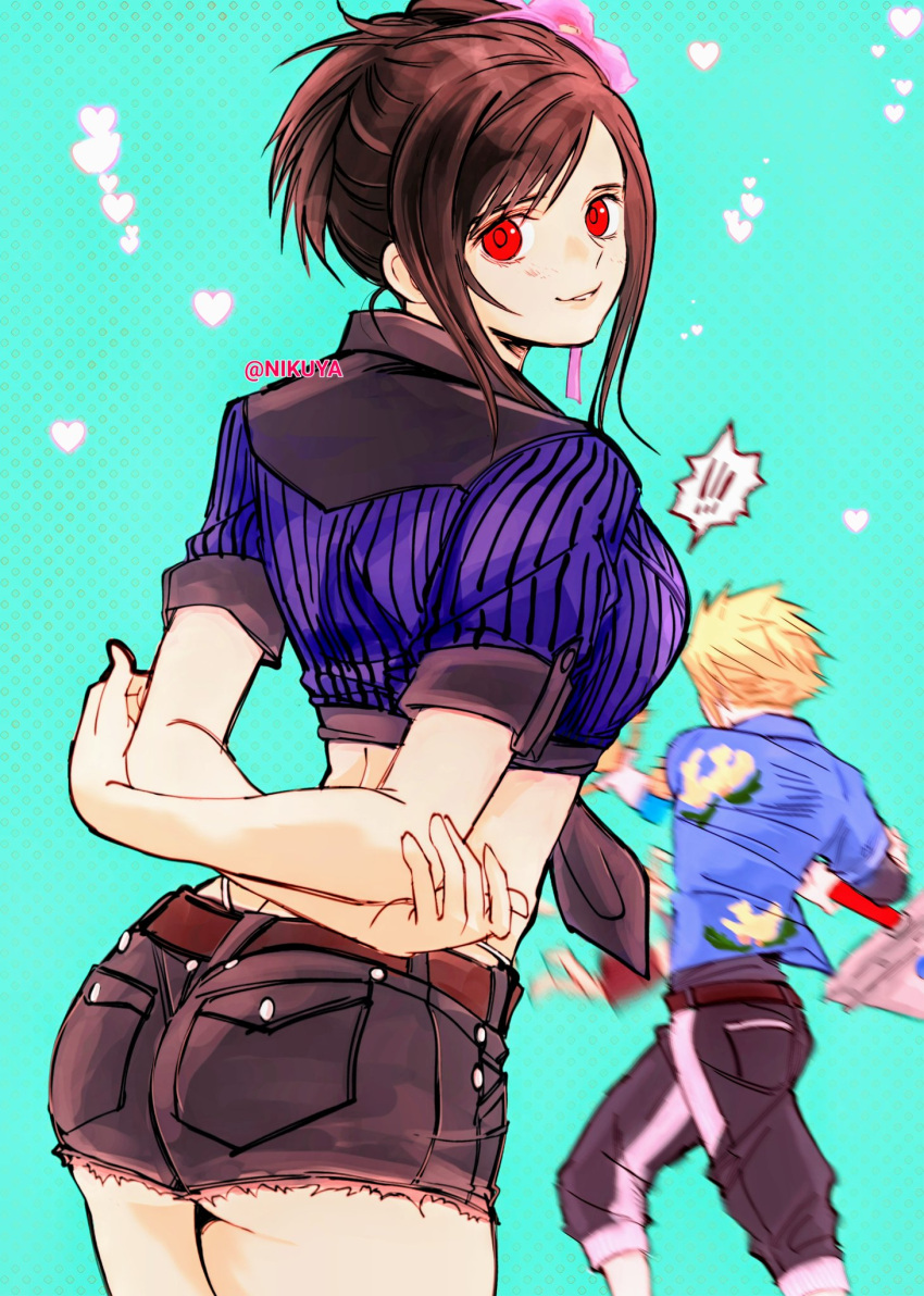 arms_behind_back ass blonde_hair buster_sword cloud_strife crop_top denim denim_shorts final_fantasy final_fantasy_vii final_fantasy_vii_rebirth final_fantasy_vii_remake flower hair_flower hair_ornament highres looking_at_viewer looking_back nikuya_(nikuya888) official_alternate_costume official_alternate_hairstyle parted_lips red_eyes short_shorts shorts sword tifa_lockhart weapon