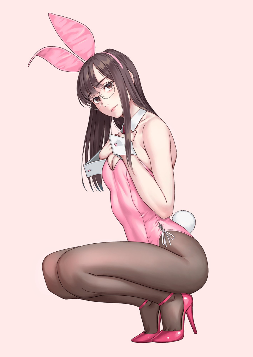 1girl animal_ears black_eyes black_hair black_pantyhose breasts detached_collar fake_animal_ears full_body grey_background hands_on_own_chest high_heels highres legs leotard long_hair original pantyhose pink_footwear pink_leotard playboy_bunny rabbit_ears rabbit_tail side-tie_leotard simple_background small_breasts solo strappy_heels tail toe_cleavage wrist_cuffs yuuji_(and)