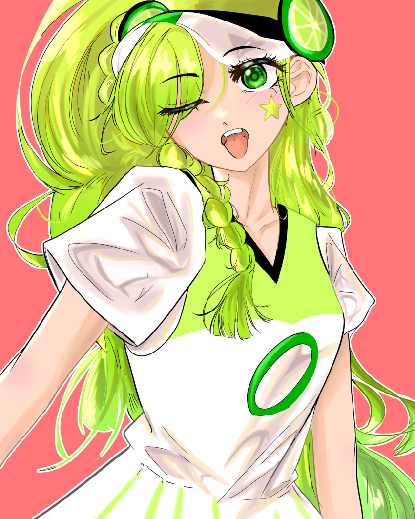 1girl braid cookie_run green_eyes green_hair high_ponytail highres humanization jychan_0426 lime_cookie personification ponytail single_braid skirt solo sportswear tongue upper_body white_skirt